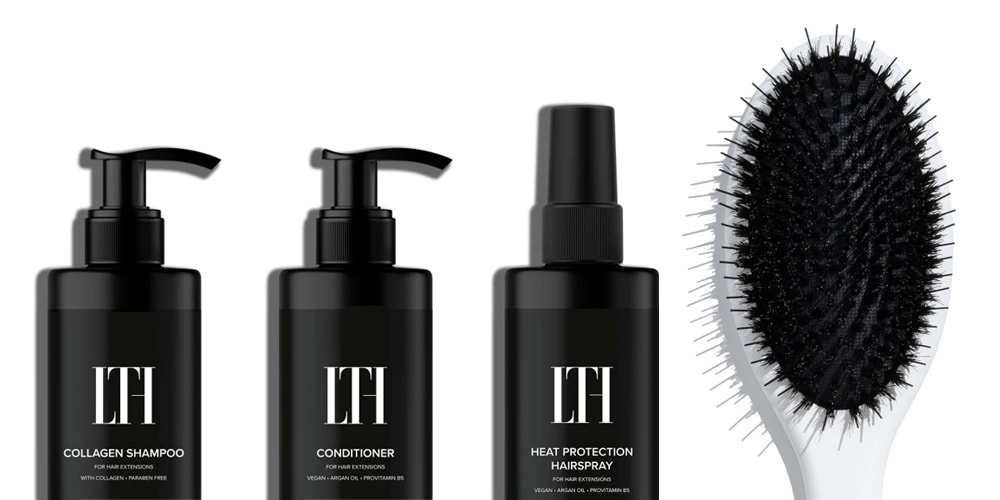 Haarpflegeprodukte: Bürste, Collagen Shampoo, Conditioner und Hitzeschutz Spray für gesunde Extensions.