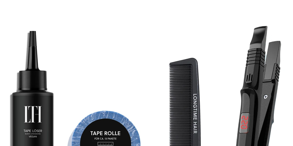 Zubehör für Haarextensions: Kamm, Bürste, Haarpflegeprodukte, Tape Löser und Wärmezange für perfekte Ergebnisse.