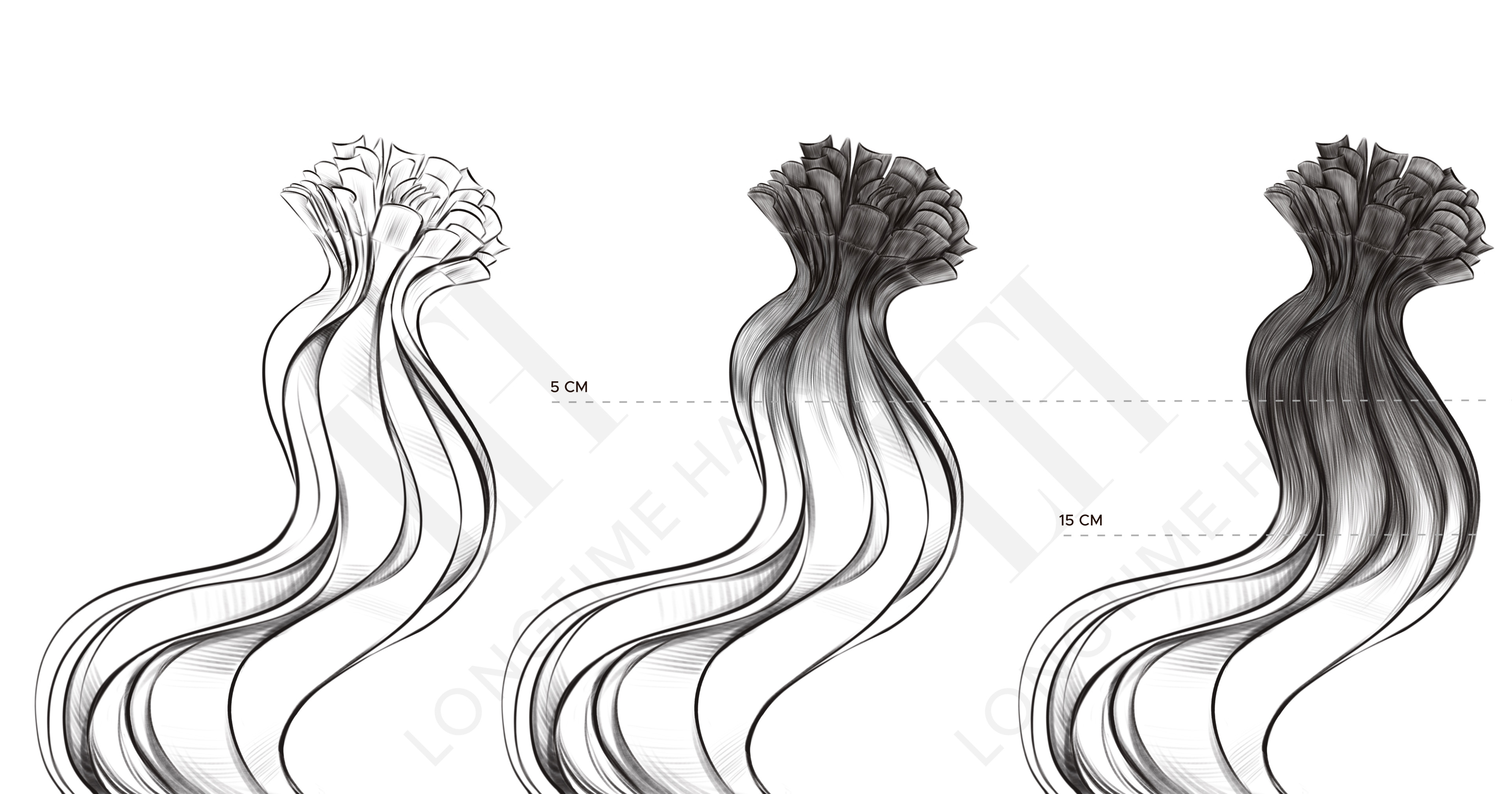 arstellung verschiedener Farbverläufe bei Extensions – Unicolor, Balayage mit 5 cm Ansatz und Balayage mit 15 cm Ansatz – Beispielgrafik von LONGTIME HAIR.