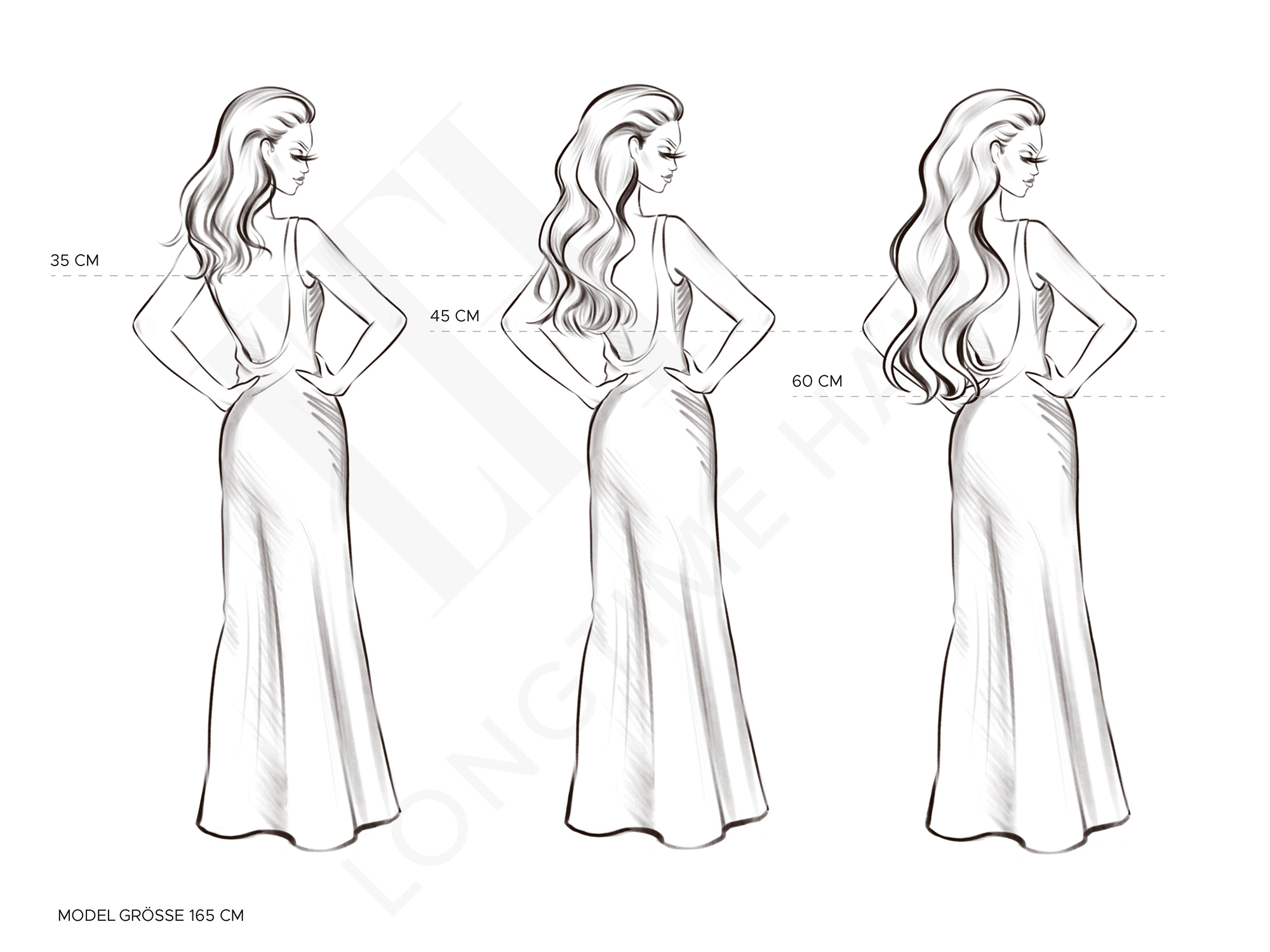 Illustration der Haarlängen 35 cm, 45 cm und 60 cm bei Extensions – basierend auf einem Model mit 165 cm Körpergröße.